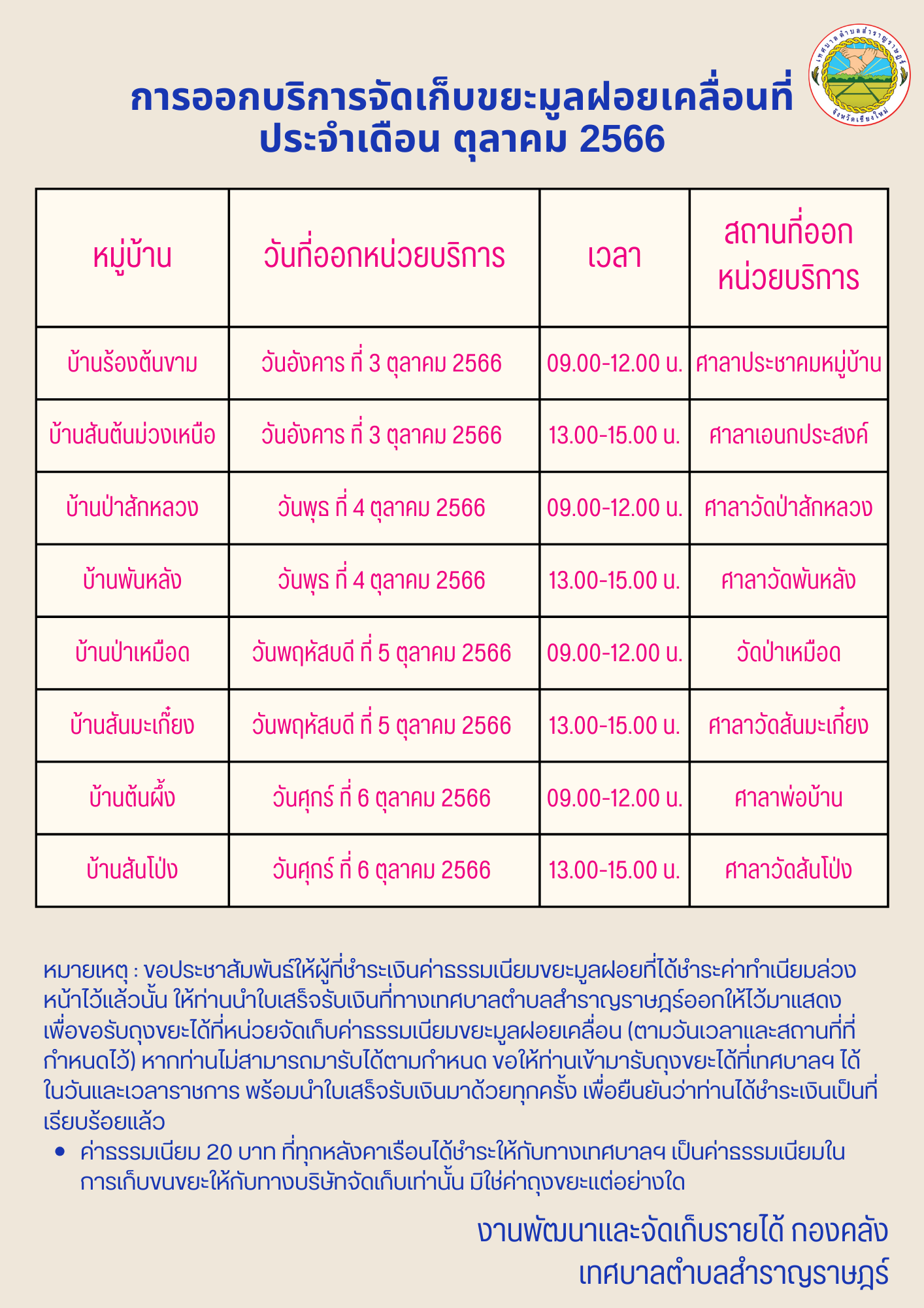 Read more about the article การออกบริการจัดเก็บค่าธรรมเนียมขยะมูลฝอยเคลื่อนที่ ประจำเดือน ตุลาคม 2566