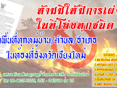 Read more about the article ประชาสัมพันธ์ ประกาศจังหวัดเชียงใหม่ เรื่อง กำหนดเขตการบริหารจัดการเชื้อเพลิงและเขตควบคุมการเผาฯ 2567