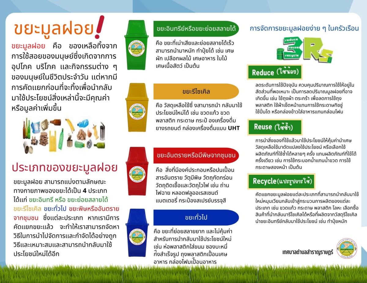 Read more about the article เชิญชวนประชาชนหันมาคัดแยกขยะก่อนทิ้ง เพื่อความสะดวกต่อการนำไปกำจัดหรือนำไปใช้ประโยชน์ใหม่ และยังช่วยลดผลกระทบต่อสิ่งแวดล้อมได้